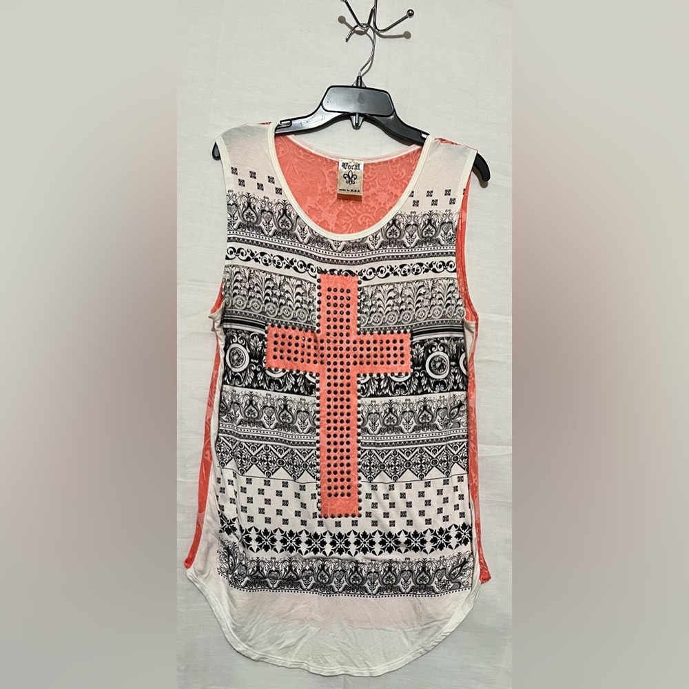 Vocal Coral and White Studded Cross Tank Top
